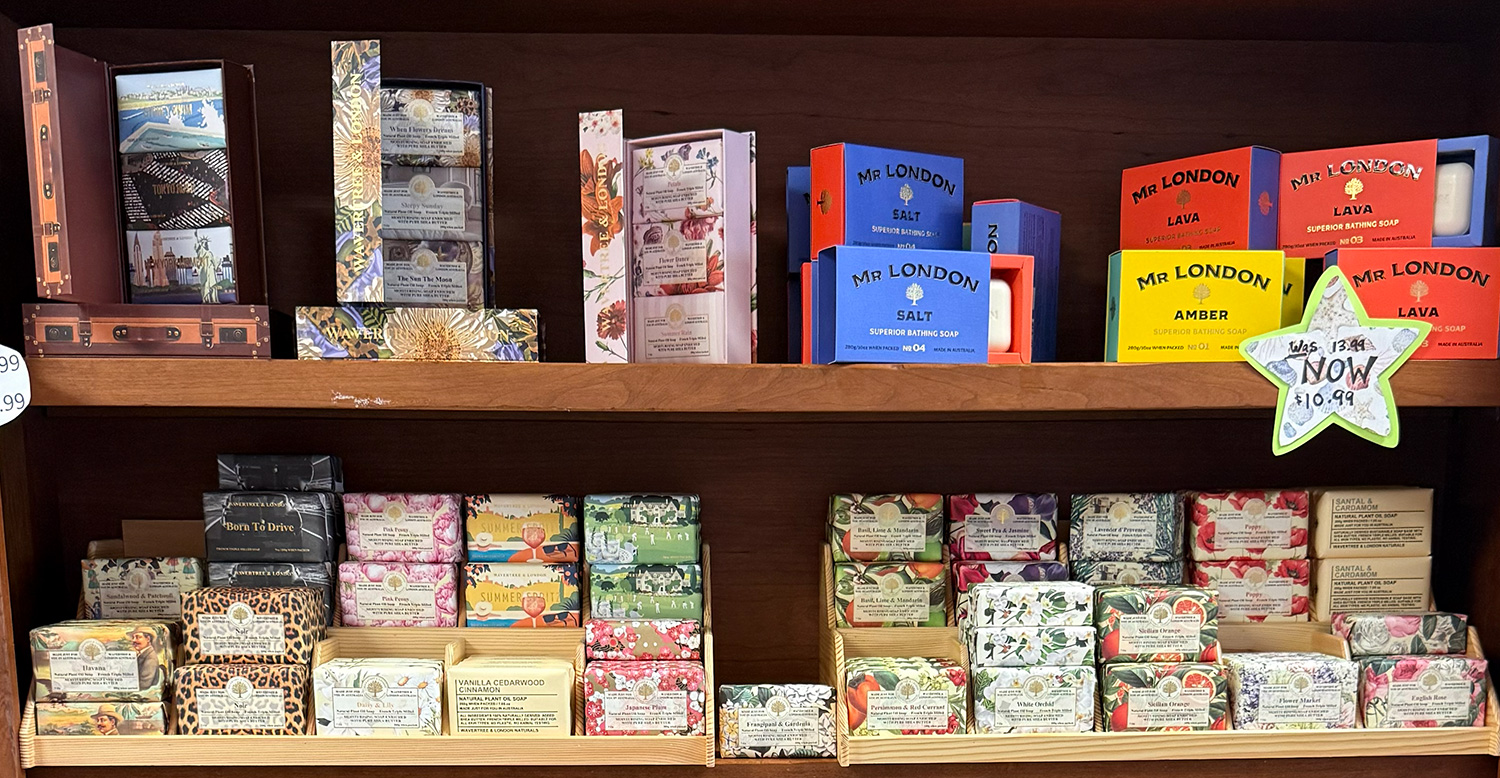 Shelves of specialty soaps
